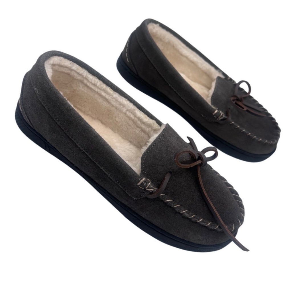 Isotoner Suede Moccasin Slippers Faux Fur Lined Mens 7.5-8 Grey Indoor Outdoor
